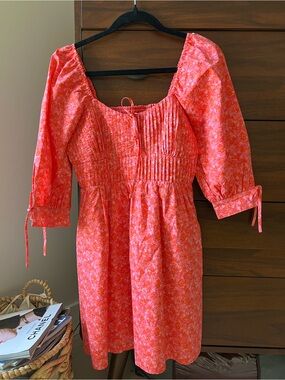 Greylin Coral Pink Floral Smocked Puff-Sleeve Dress
